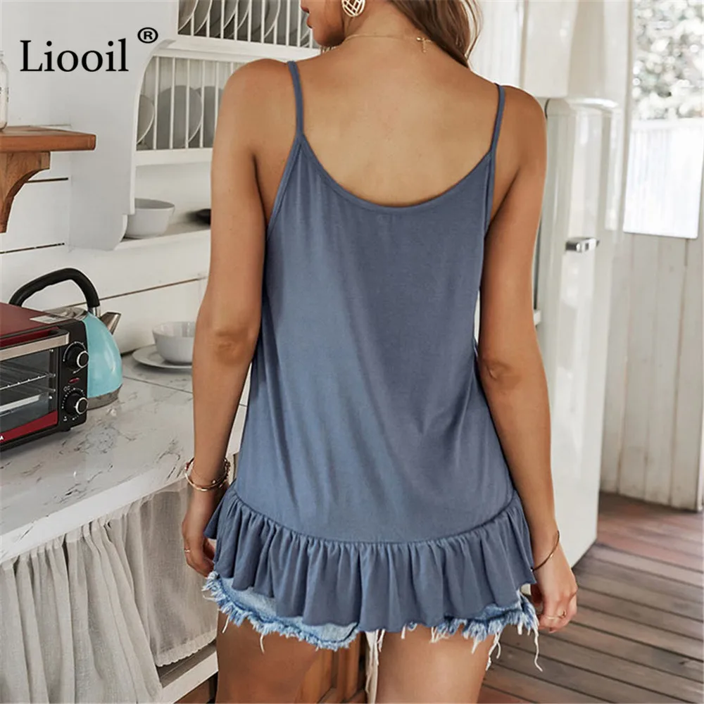 

Liooil Cotton Tanks Camis For Women Summer Ruffle Top Button Up V Neck Backless Sleeveless Camisole Loose Casual Ladies Tops