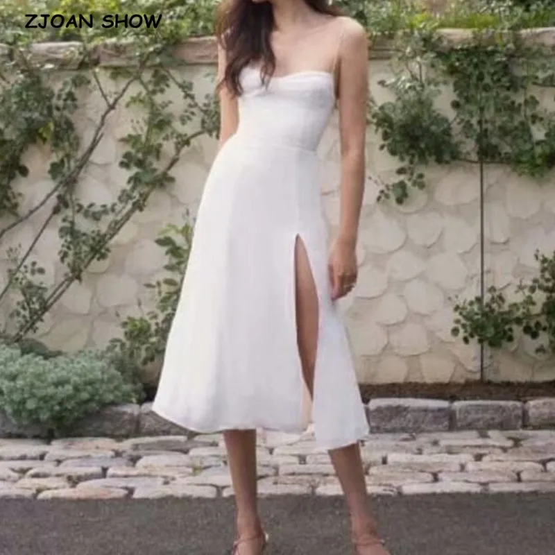 

2021 French Women Dress Solid White Color Adjust Lacing up Spaghetti Strap Mid-Calf Slit Robe Party Fashion Female Clothes