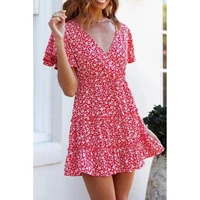 summer dress for women fashion floral print v neck short sleeve ruffle girl beach casual deess