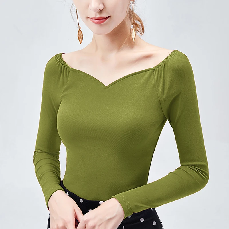 Авокадо зеленая футболка с длинными рукавами 2019 пикантные Большой декольте