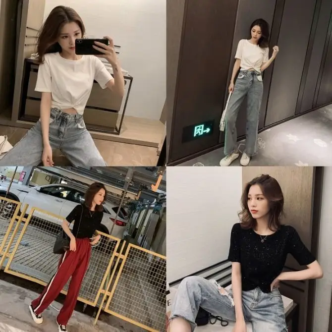 Женский пуловер с блестками футболка коротким рукавом и принтом в виде