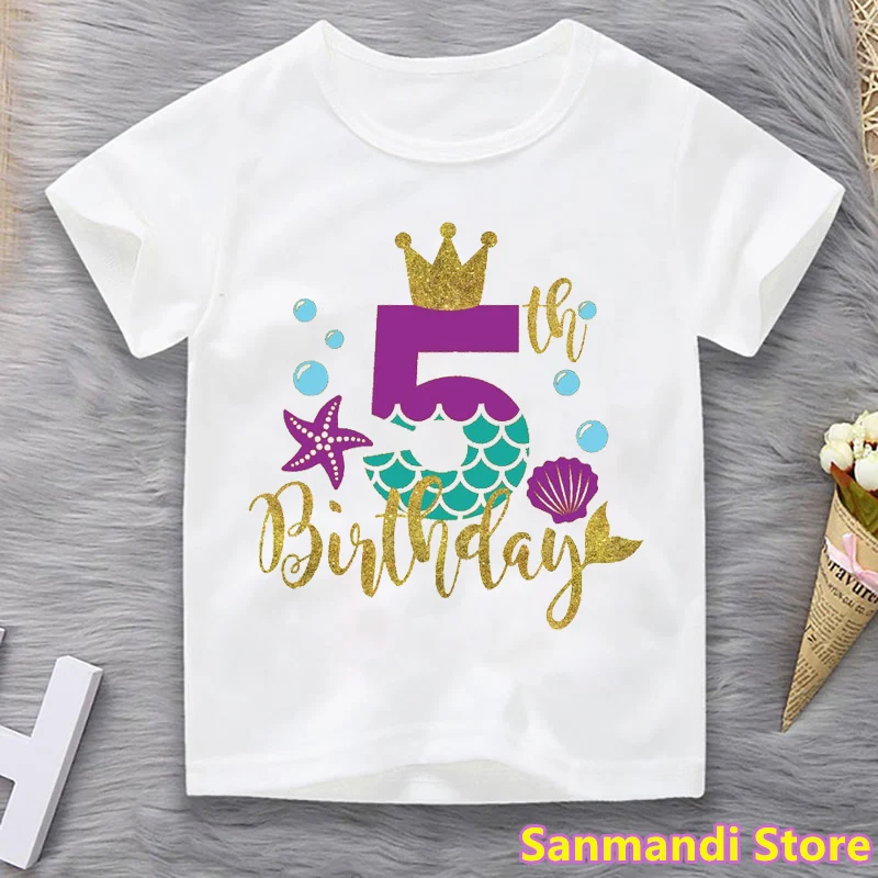 Camiseta de 3th/4th/5th/6th/7th/8th/9th regalo de cumplea&ntilde;os para ni&ntilde;as, ropa para ni&ntilde;os, Camiseta con estampado gr&aacute;fico de corona de sirena, ropa para ni&ntilde;os-1