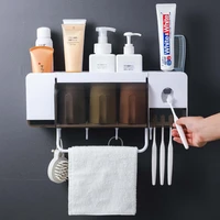 wall mounted toothbrush holder with cup automatic toothpaste squeezer dispenser dust proof storage rack bathroom accessories set