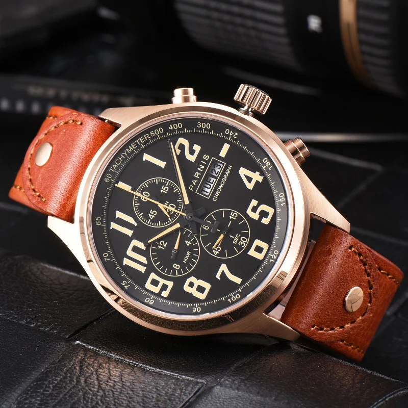 

Parnis 43 мм кварцевые мужские часы аналоговый хронограф военные пилотные часы Дайвинг часы 100 м водонепроницаемый календарь наручные мужские s