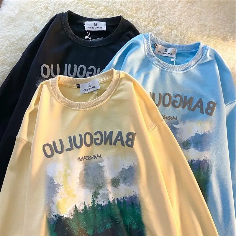 

Autumn and Winter New Retro Tide Brand Oil Painting Printing Wild Loose Couple Tops Korean Version Ins Round Neck Sweater