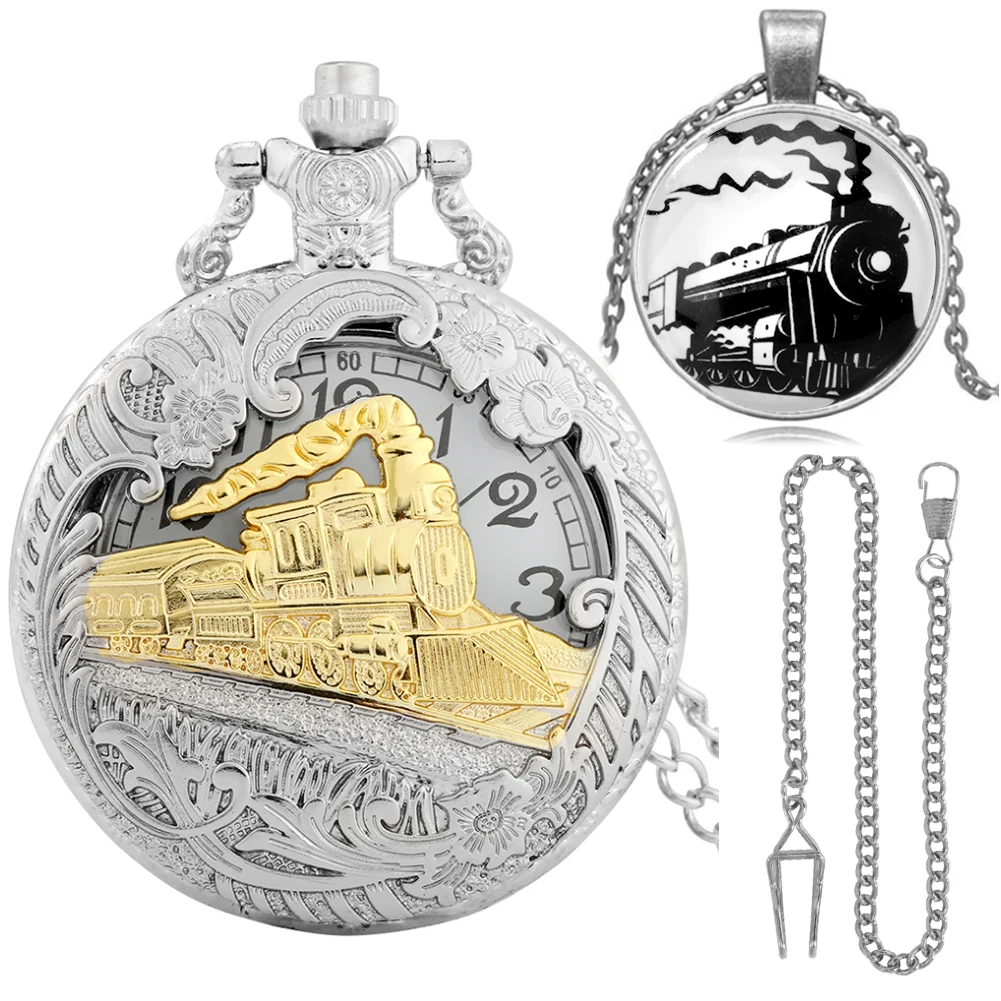 Fashion Train Design Case Quartz Pocket Watch Silver Pendant Necklace Chain Gift Sets with Gift Box for Friend