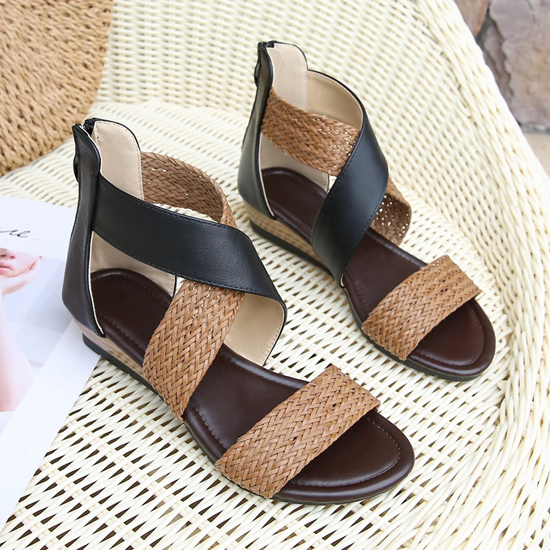 

2021 Summer New Ethnic Style Sandals Female Bohemian Style Braided Belt Wedge Sandals Retro Roman Shoes