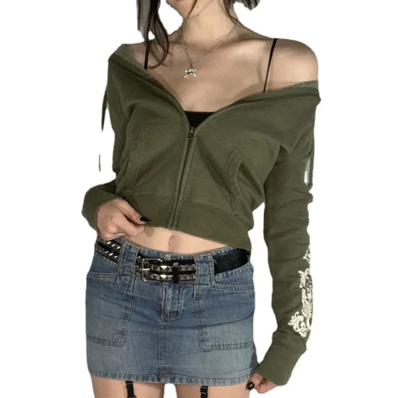 

SHENGPALAE Fashion Chic Army Green Tops Women's Autumn 2021 New Hooded Loose Long Sleeve Zipper Print Sweatshirt Female 5E3024