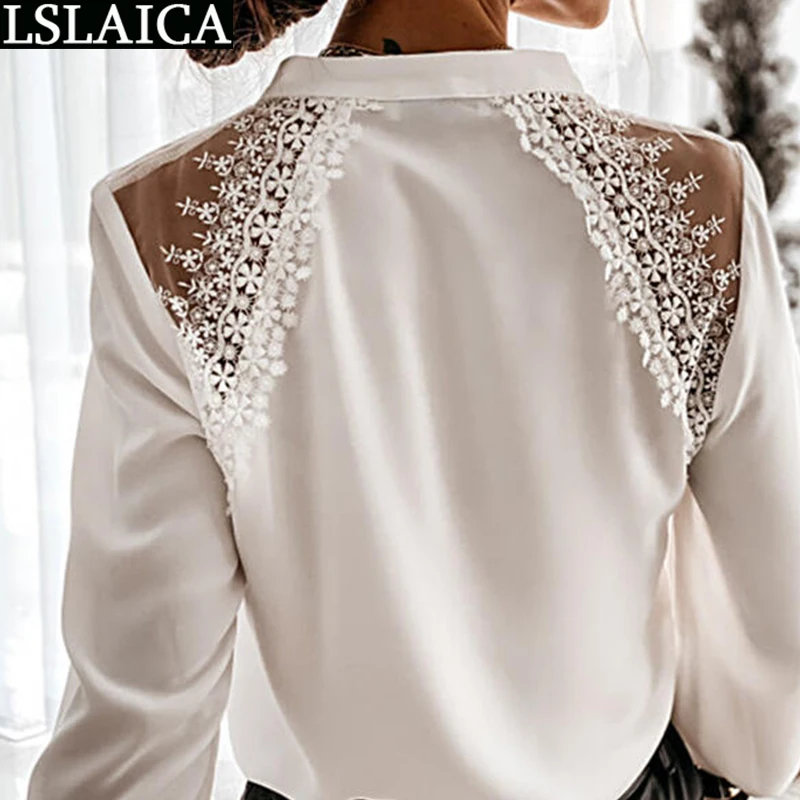 

Women Blouse Long Sleeve Single Button Design Lace Patchwork Tops Casual Office Lady Elegant Shirts 2021 Summer White Blouses