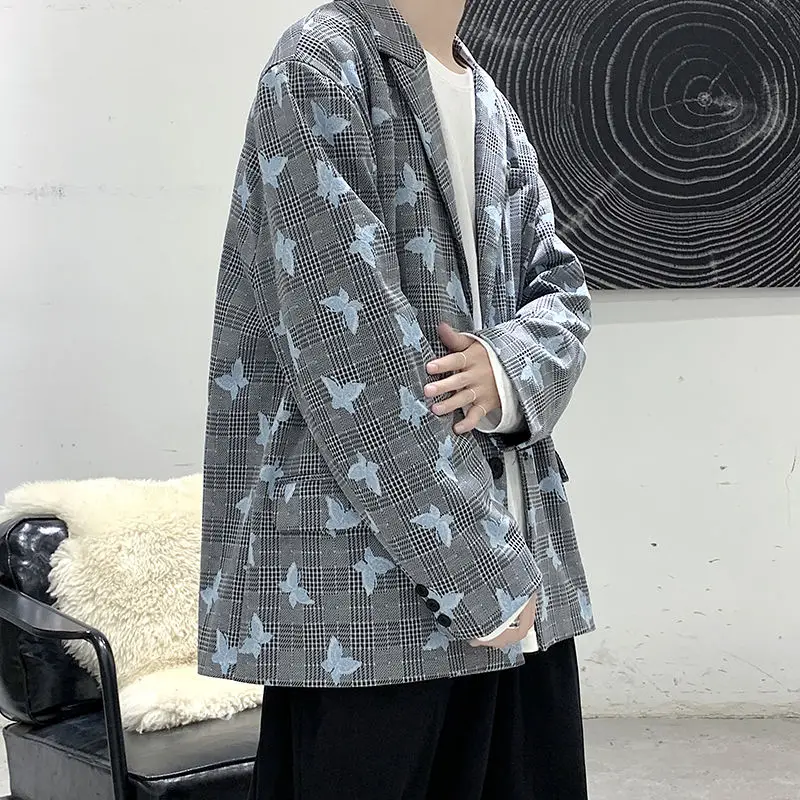 

Autumn 2020 Young Men's Non Split Western Butterfly Embroidery Fashionable Plaid Suit Coat Casual Loose Top Size M-XL