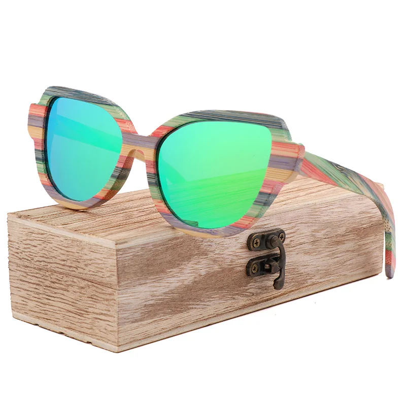 green - wood box Высококачественные модные женские поляризованные солнцезащитные очки с кошачьими глазами для женщин цветные деревянные солнцезащитные очки ручной работы с деревянной коробкой для очков - Цвет линз: green - wood box