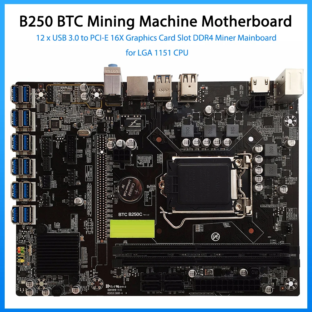 

Материнская плата B250C 12P для LGA1151 с ЦПУ G3900 12 USB3.0 PCIE слот GPU 8/16 ГБ 2133 МГц DDR4 память 12 шт. 009S Райзер Набор для майнинга
