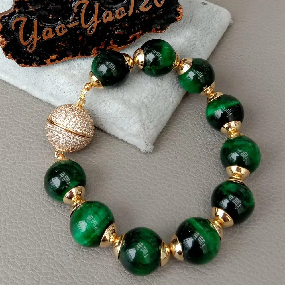 8 дюймов 14 мм круглый зеленый тигровый глаз эффектный браслет-позолоченный