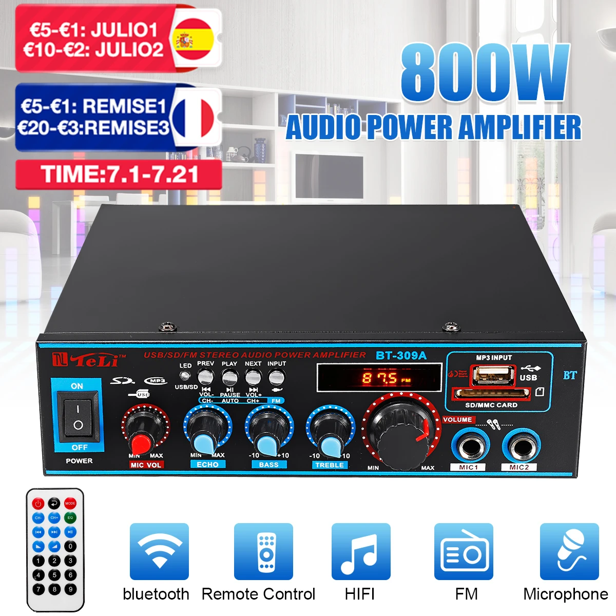 800 Вт 600 автомобильный усилитель Hi Fi 2 CH аудио Мощность 12/220V дома Театр Поддержка