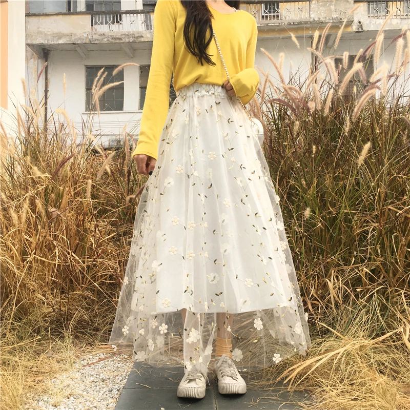 

2021 New Spring Summer Women Long skirt A-line Korean style High waist Floral Sweet Cute Mesh skirts female skirts