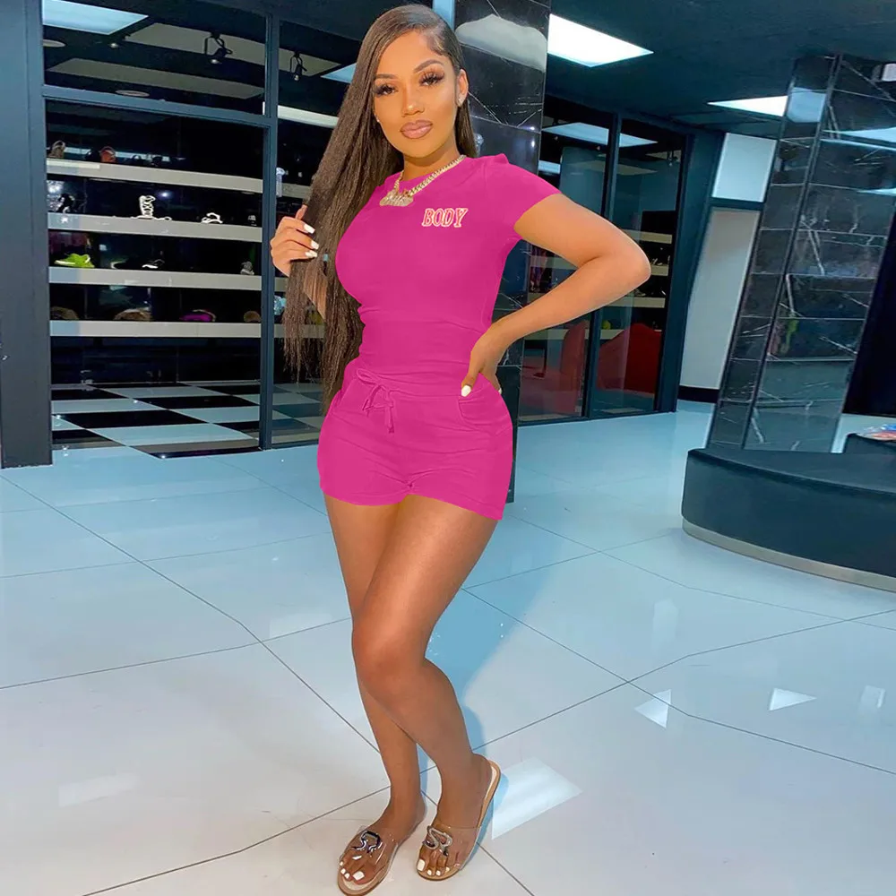 

Summer Tracksuit Women Fitness Matching Set Short Sleeve O-neck Slim Fit Tops+body Letter Print Biker Short Solid Sport Suits