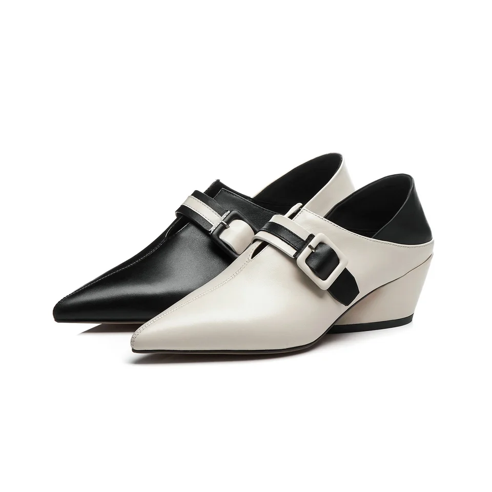 

EshtonShero Women Pumps Wedge Med Heels Sexy Pointed Toe Slip-on Wedding Party Shoes Leather Fashion Shoes For Lady Size 3-12