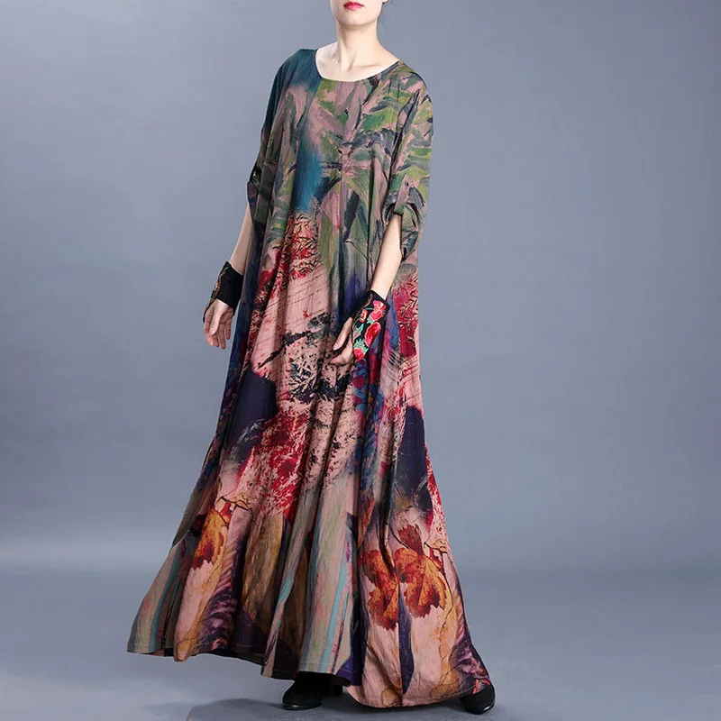 Женские винтажные платья с цветочным принтом Johnature халаты круглым вырезом и