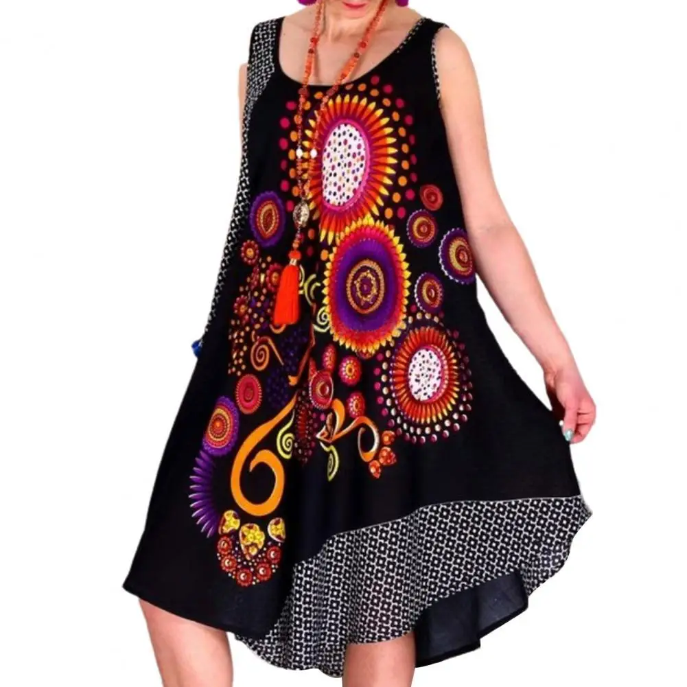 

Women Summer Fashion Loose Dress Leisure Ethnic Style Print Sleeveless Irregular Hem for Beach Long Loose Hem Dress