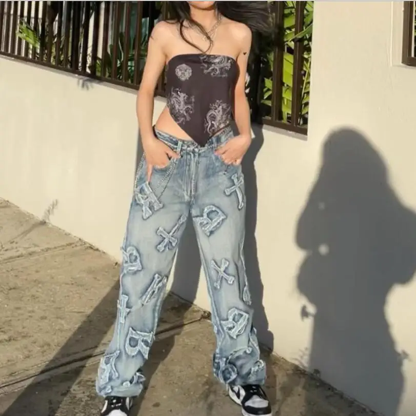 Джинсы-мешковатые с нашивками в виде букв женские джинсы высокой талией уличном