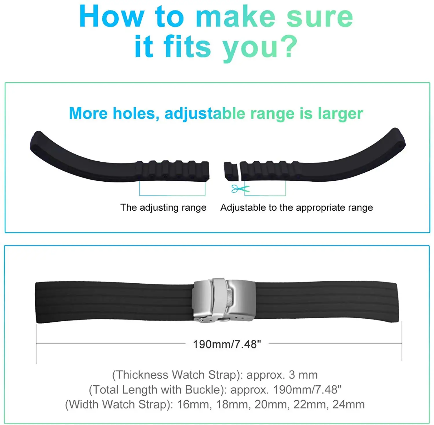 Silicone Watch Strap Replacement Rubber 18/20/22/24 mm Watch Band Stripe Pattern Bracelet Folding Stainless Steel Buckle Tool