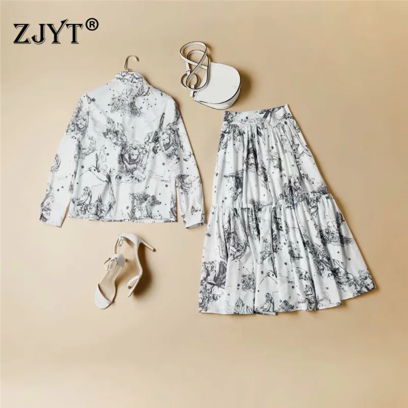 

2021 Spring Fashion Runway Two Piece Outfit Women Vintage Abstract Print Blouse and Skirt Suit Office Lady Holiday Party Twinset