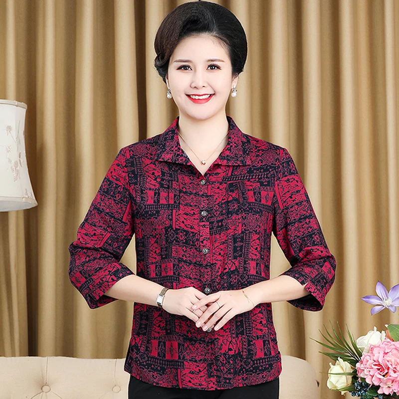 

2021 New Women Blouse Turn-down Collar Three Quarter Sleeve Print Loose Casual Shirts Womens Tops and Blouses