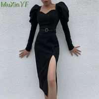 sexy split black long dress women spring autumn slim vintage full puff sleeve robe office lady bodycon waistband dresses