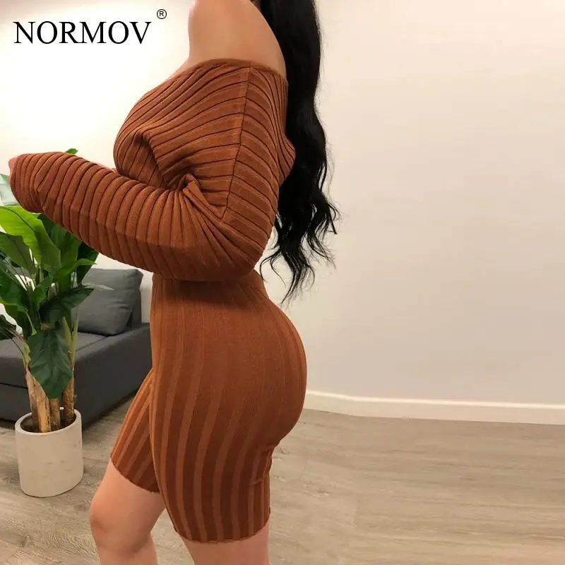 NORMOV комплект из двух предметов, сексуальный укороченный топ с v-образным вырезом и байкерские шорты, комплект, ребристые облегающие комплекты с длинным рукавом, женские комплекты из 2 предметов