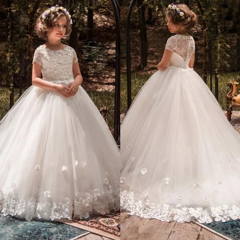 

Flower Girls Dresses For Weddings 3D Floral Appliqued Lace Little Kids First Communion Dress Cheap Pageant Gowns