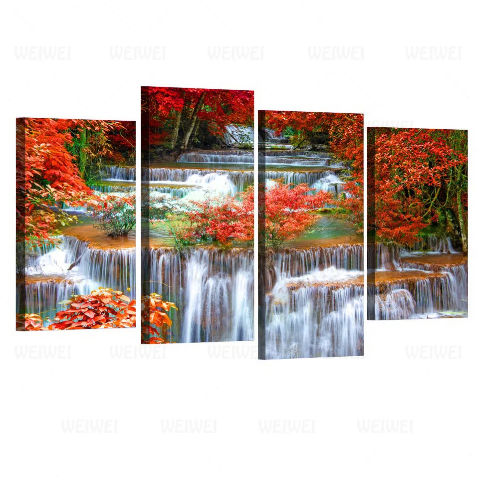 

Home Decoration Photo Canvas Modular 4 Panel Waterfall Red Leaves Painting Framework Modern Wall Art Pictures For Living Room