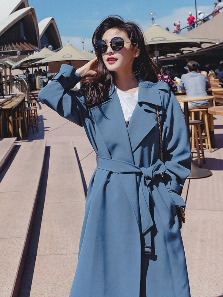 

FTLZZ 2020 Autumn Turndown Collar Long Trench Jacket Women Slim Belt Cloak Vintage Windbreaker Business Outwear Blue Belt Coat