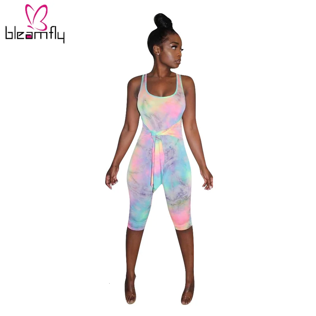 2019 Женский Летний комбинезон с принтом Галактики без рукавов завязками до колен