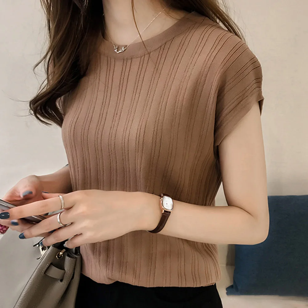 Ice silk Knitted Tops Short Sleeve Solid Slim Office Lady Causal Fashion Knitwear |