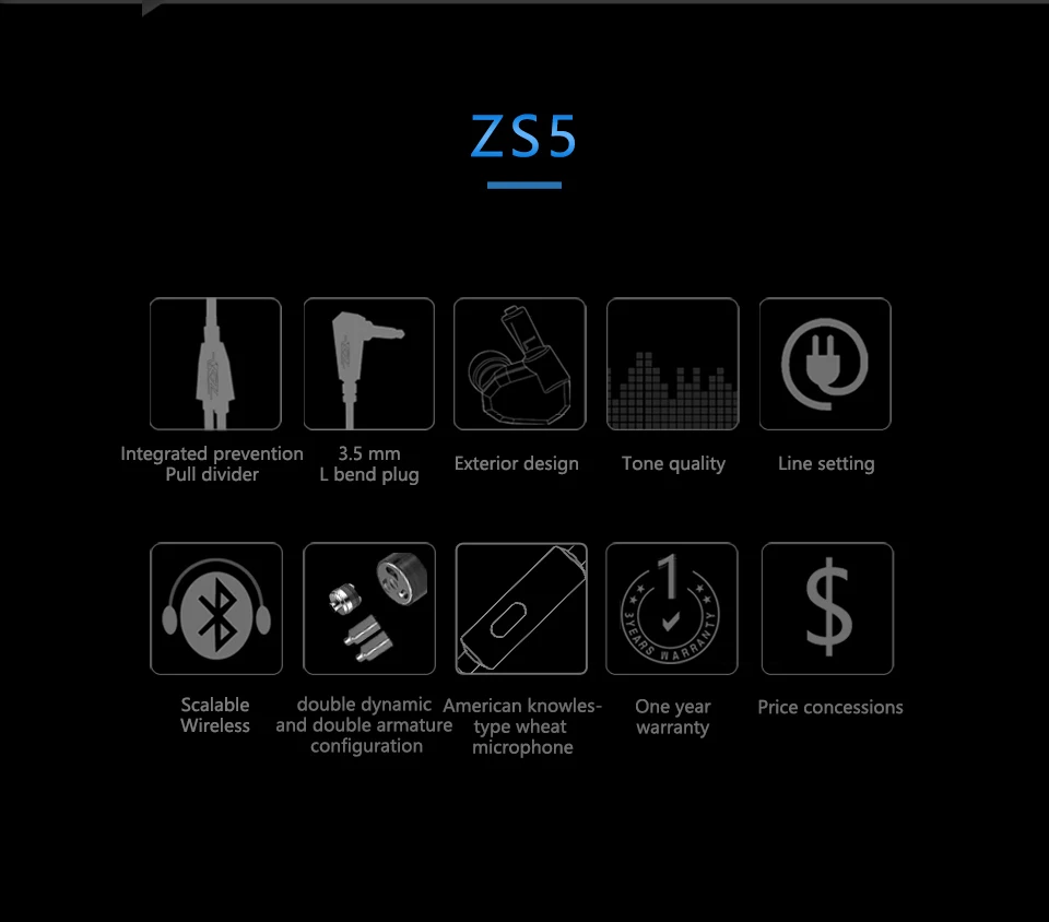 KZ ZS5 2DD+ 2BA гибридные наушники спортивные наушники в ухо HiFi музыкальные наушники