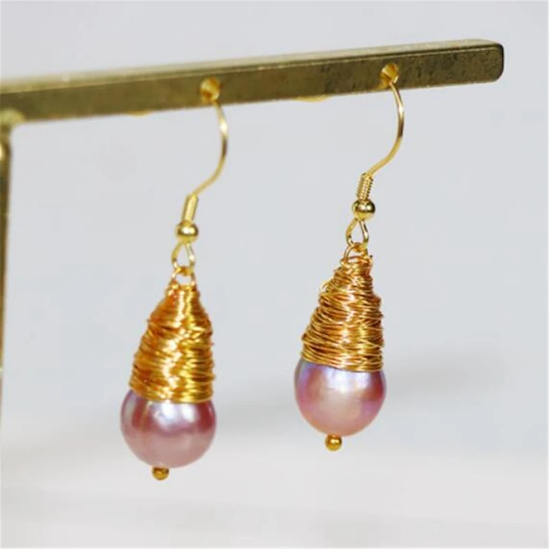 

12-15mm Purple Baroque Pearl Earrings Gold Ear Drop Dangle Fashion Hoop Classic Luxury Natural Earbob Mesmerizing Women