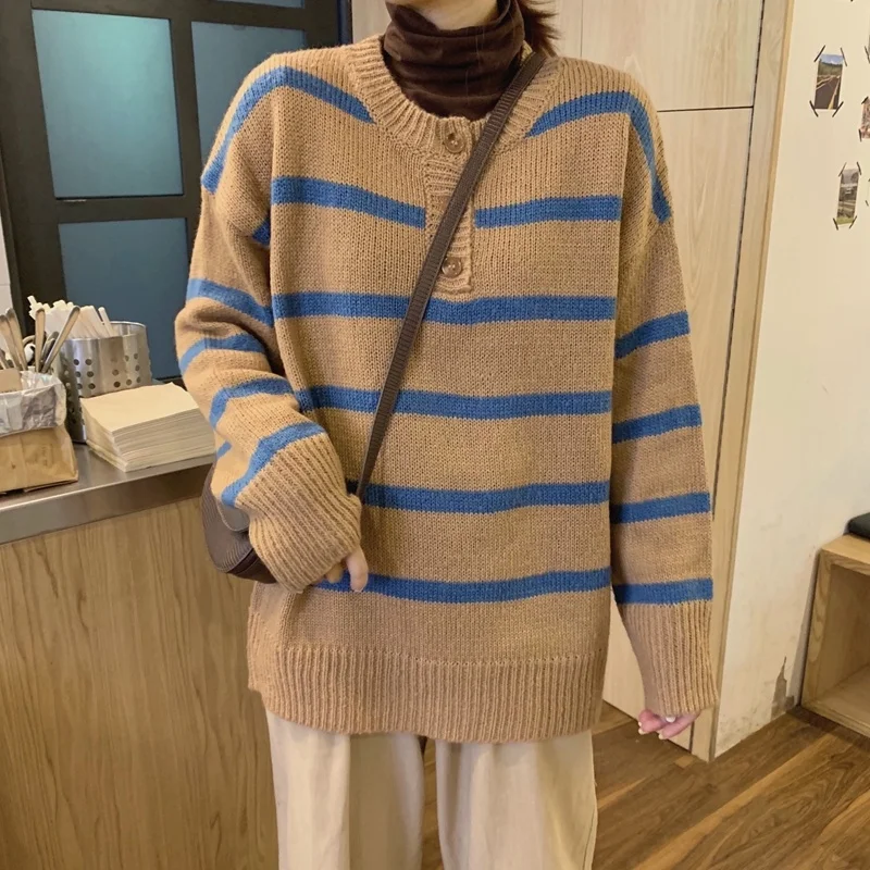 

Женский свитер в полоску, Свободный Повседневный пуловер в Корейском стиле, на пуговицах, в стиле Харадзюку, Осень-зима