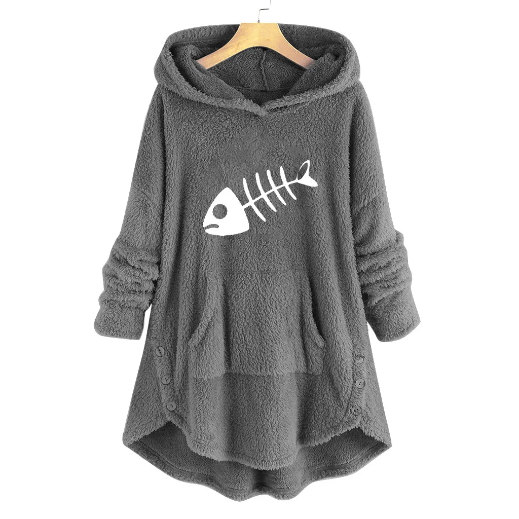 Женское длинное худи с принтом кошки теплая толстовка из флиса карманами и