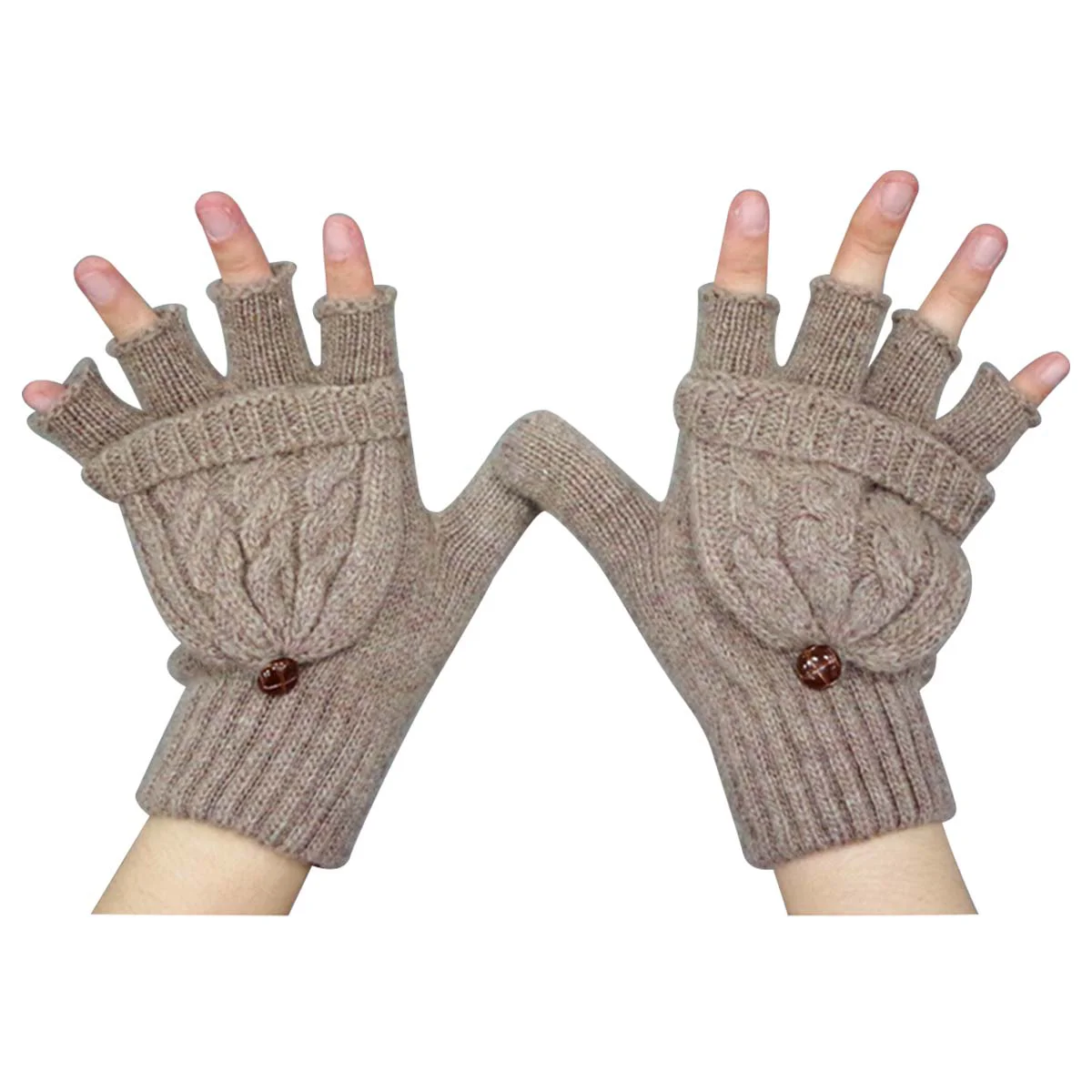

Winter Warm Wool Knitted Convertible Fingerless With Mitten Cover (Brown)