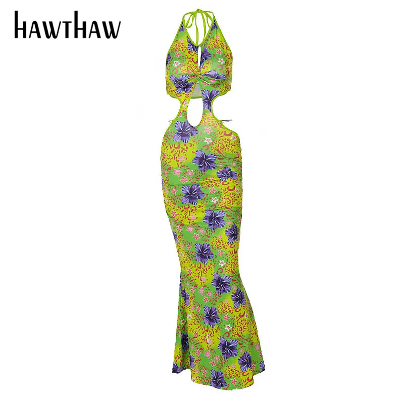 

Hawthaw Women Summer Fashion Sleeveless Halter Hollow Out Printed Bodycon Long Dress Sundress 2021 Female Clothing Streetwear
