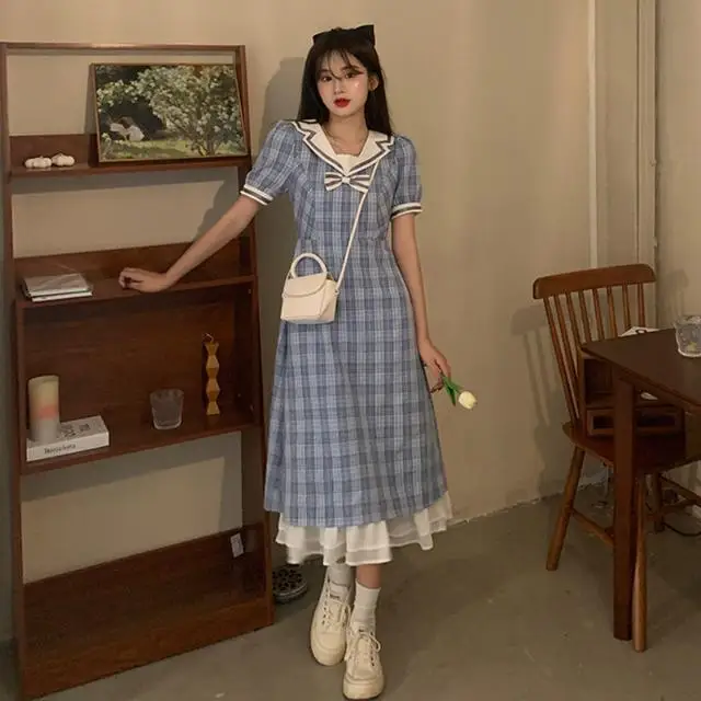 Large Blue Plaid Dress New Summer French first love dress for women 2021