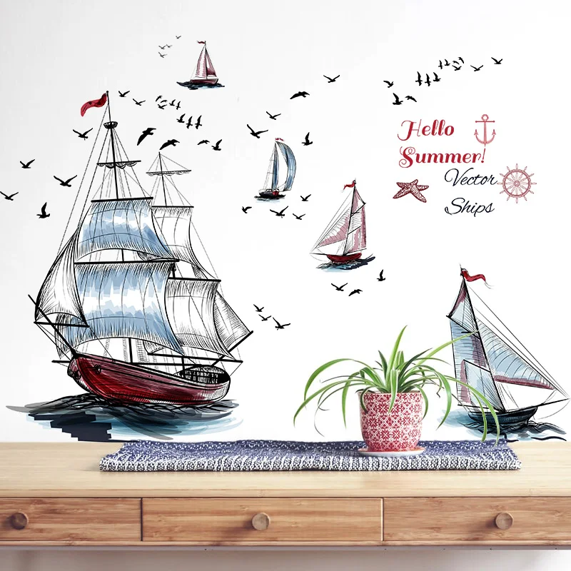 Современные Настенные Стикеры с изображением парусника корабля чайки ландшафта