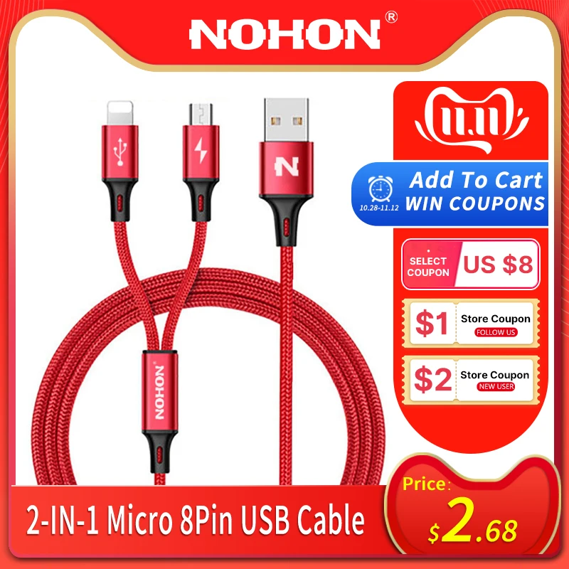 NOHON type C Micro 8-контактный USB кабель 2 в 1 для iPhone 8X7 6 6S Plus iPad iPod для samsung lenovo Nokia LG Android нейлоновые кабели