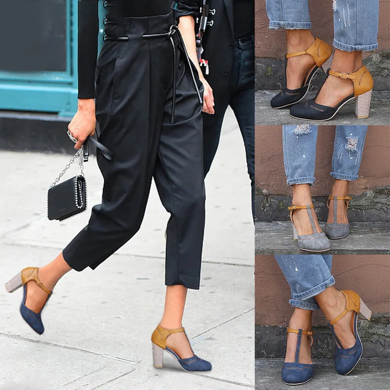 

Women Pumps Square Heel High Shoes Classics Platform Round Toe T-tied Square Heel Wedding Dress Shoes Mujer Women Ladies