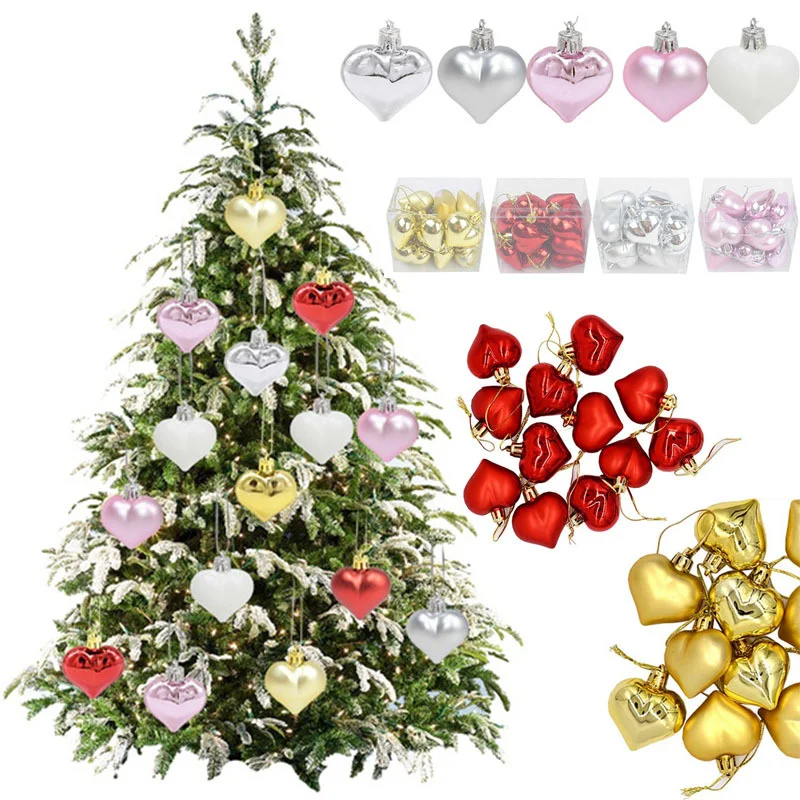 

12Pcs Plastic Heart Ornament for Christams Tree Decor Christmas balls Decorations for Home Hanging Wedding Heart Shape Supplies