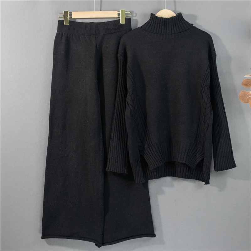 

CBAFU autumn winter warm thicken sweater set women kniited 2 piece set turtleneck pullovers outwear wide legs pants outfits M167
