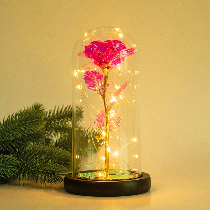 

5 Color Valentine's Day Gift Color Gold Leaf Rose Flower With Lamp Glass Cover Decoration Ornaments Artificial Flower Decoration