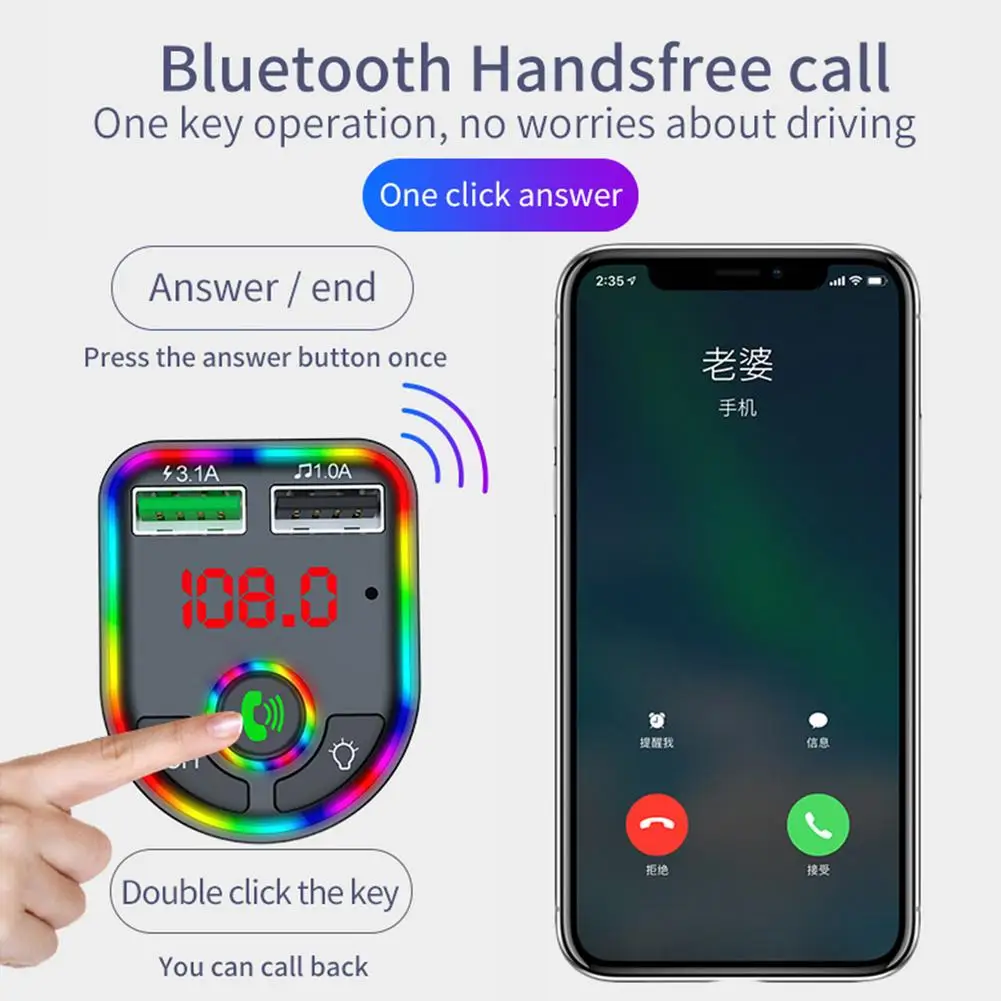 FM Transmitter Wireless Bluetooth 5.0 Handsfree Car MP3 Player Kit Modulator Dual USB 3.1A F6 Charger Colorful LED | Электроника