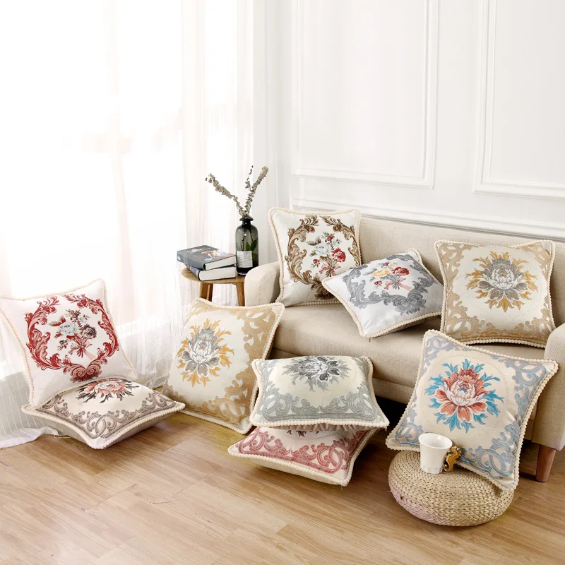 

Luxury European Embroidery Flower Pillows Case For Sofa Velvet Cushions 48x48cm Floral Designer Covers Decorative