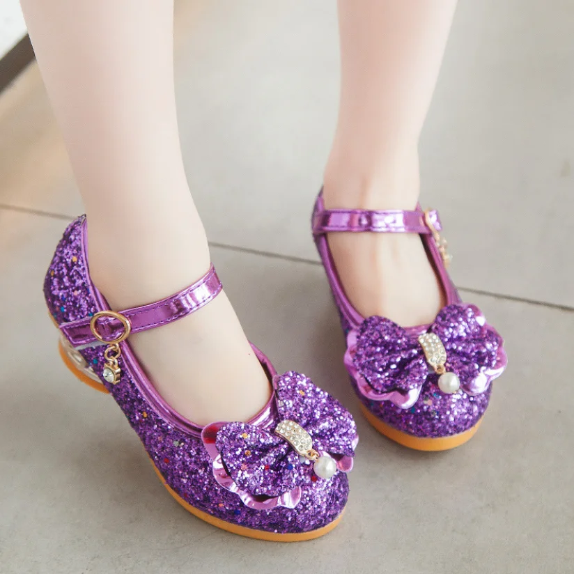 

Princess Kids Leather Shoes for Girls Casual Glitter Children High Heel Girls Dance Shoes Butterfly Knot Blue Pink Silver Rose